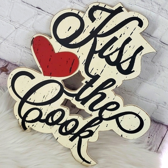 Hobby Lobby Kiss The Cook Chef Kitchen Tabletop Decor Hanging Wood 12"x16" - Picture 4 of 14